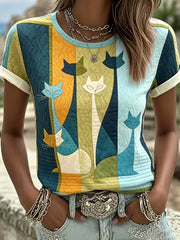 Women's Geometric Group Cat Printed Vintage Fashion Loose Short Sleeve T-Shirt