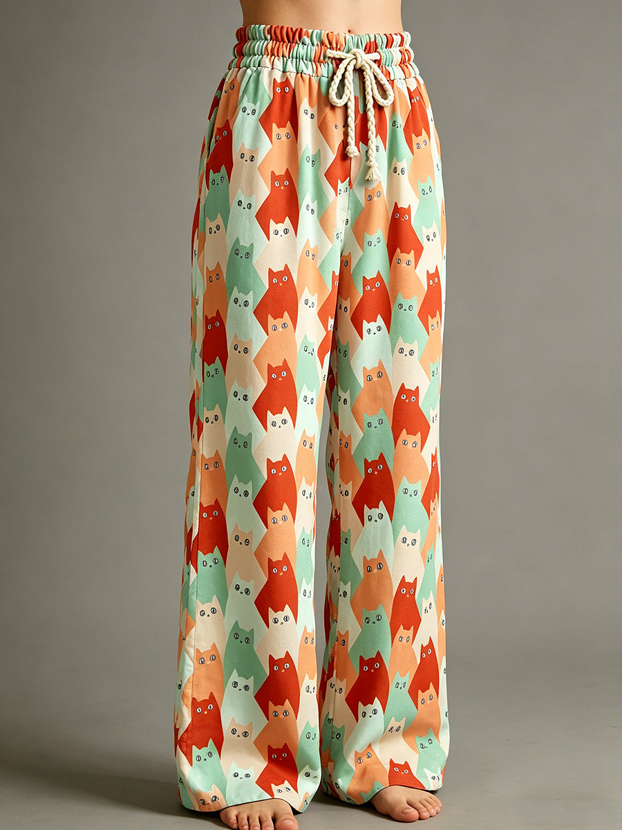 Women's Geometric Group Cat Art Print Drawstring Trousers