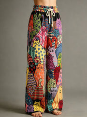 Women's Geometric Group Cat Art Print Drawstring Trousers