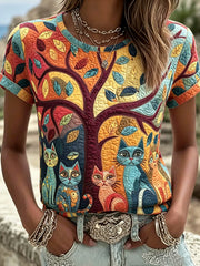 Women's Geometric Group Cat Printed Vintage Fashion Loose Short Sleeve T-Shirt