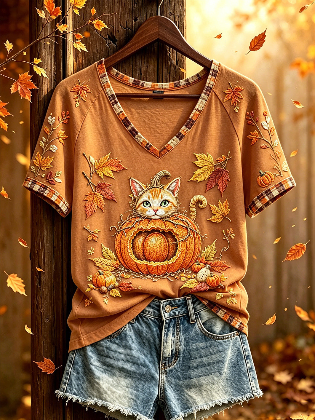 Women's autumn theme pattern printed casual short-sleeve T-shirt