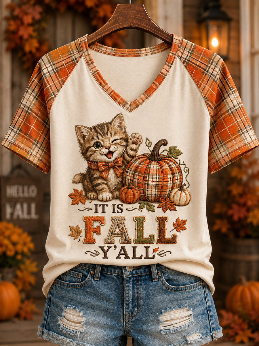 Women's Fall Season Cute Cat Pumpkin Plaid Print Casual V-Neck Tee