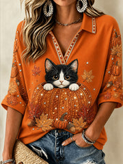Women's Fall Animal Print Mid-length Sleeves V-Neck T-Shirt