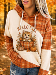 Women's Fall Season Cute Cat Pumpkin Plaid Print Casual Hoodie