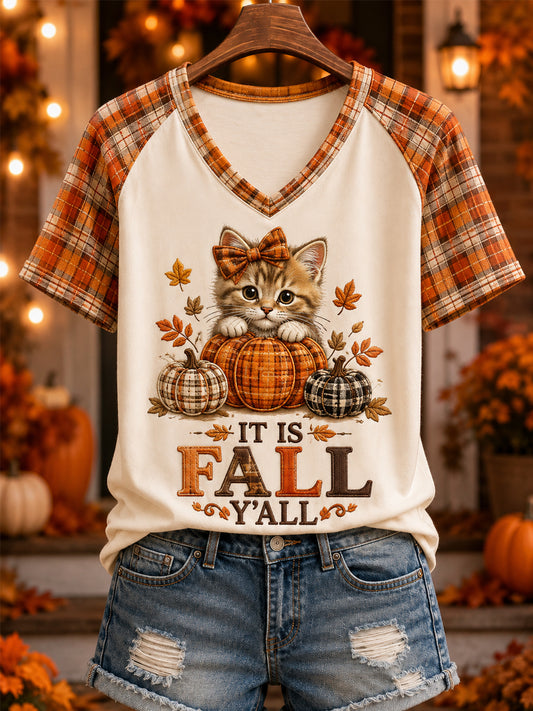 Women's Fall Season Cute Cat Pumpkin Plaid Print Casual V-Neck Tee