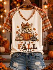 Women's Fall Season Cute Cat Pumpkin Plaid Print Casual V-Neck Tee