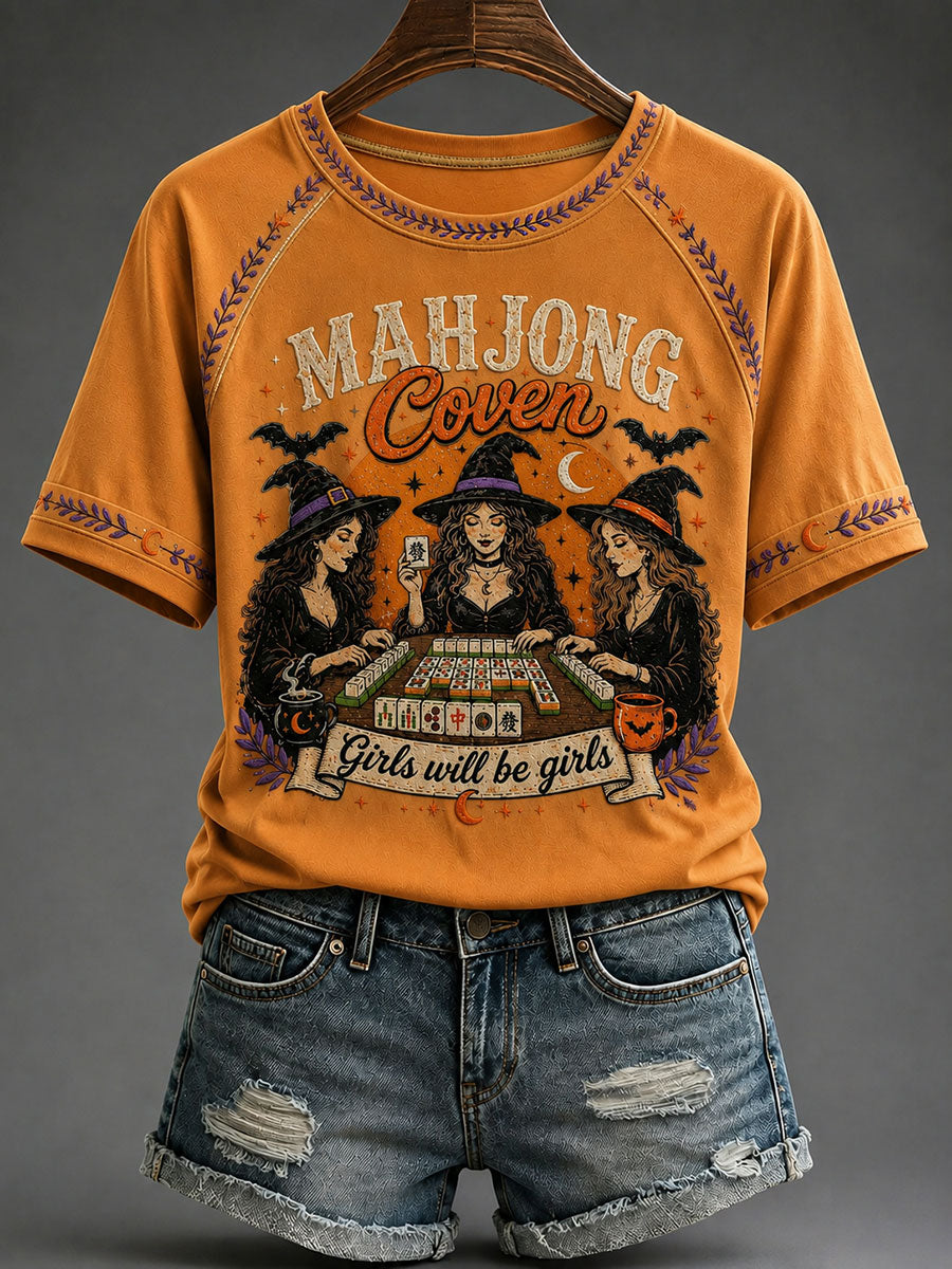 Women's Halloween Mahjong Night Printed Casual T-Shirt