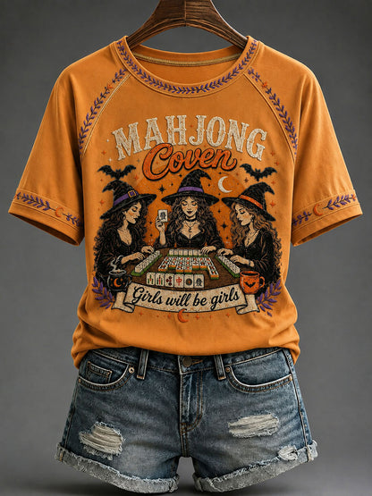 Women's Halloween Mahjong Night Printed Casual T-Shirt