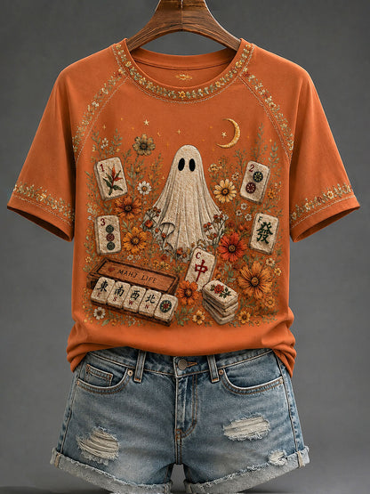 Women's Halloween Mahjong Night Printed Casual T-Shirt