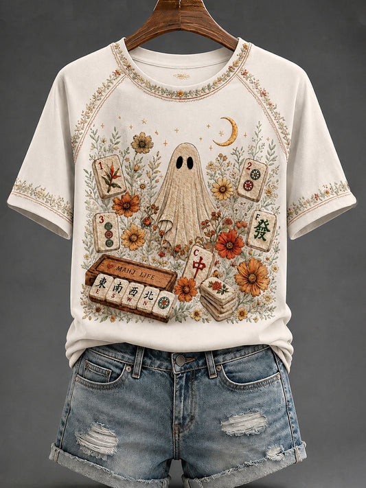 Women's Halloween Mahjong Night Printed Casual T-Shirt