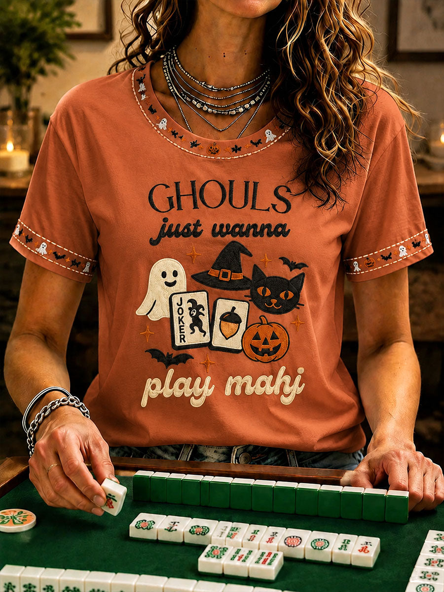 Women's Halloween Mahjong Night Printed Casual T-Shirt