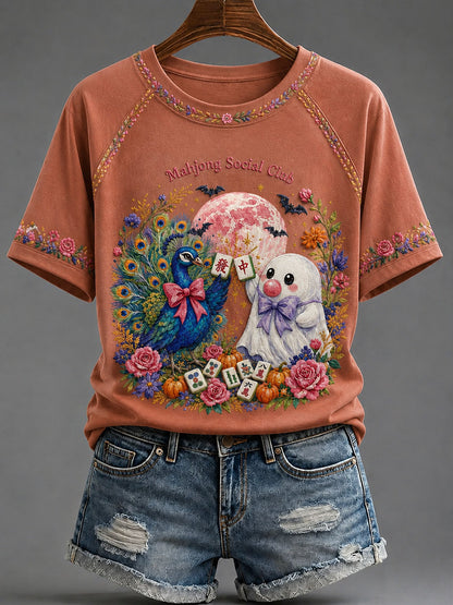 Women's Halloween Mahjong Night Printed Casual T-Shirt