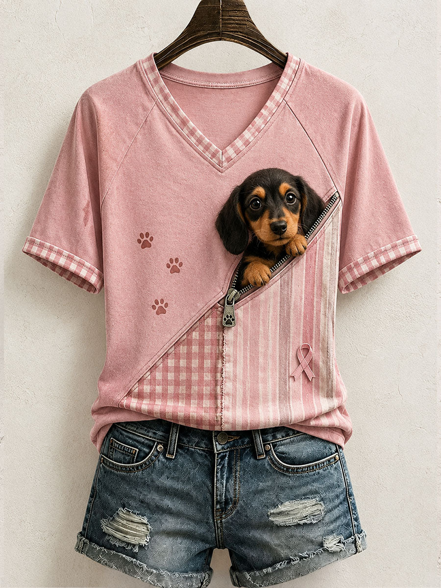 Women's Cute Dachshund Pattern Patchwork Art T-Shirt