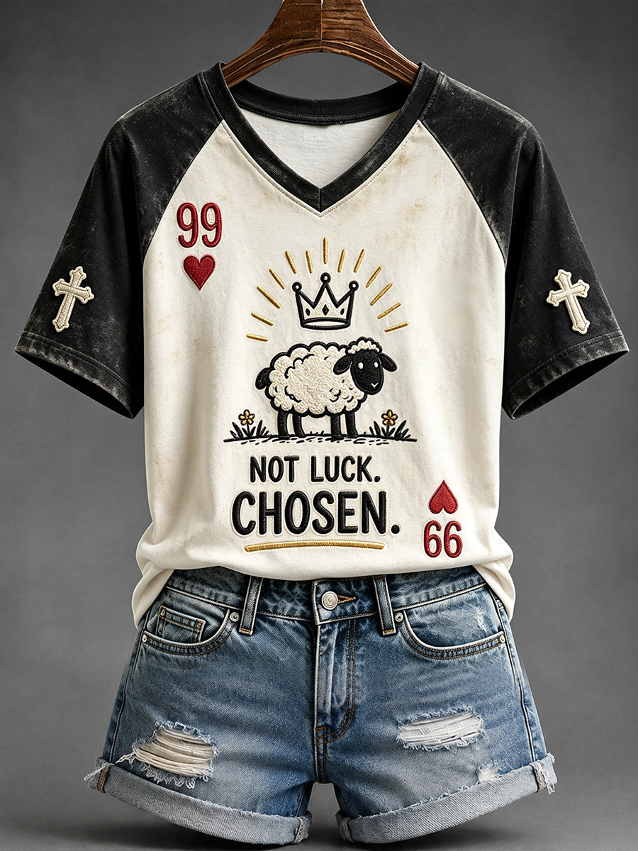 Women's Not Luck Chosen Faith Sheep Print V-neck Short-sleeved T-shirt
