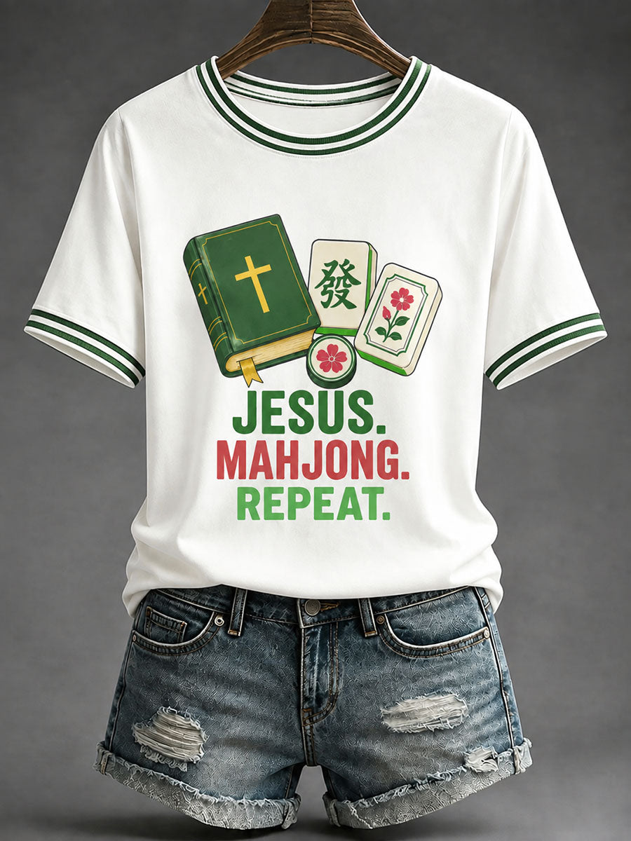Women's Christian Mahjong Print Casual T-Shirt