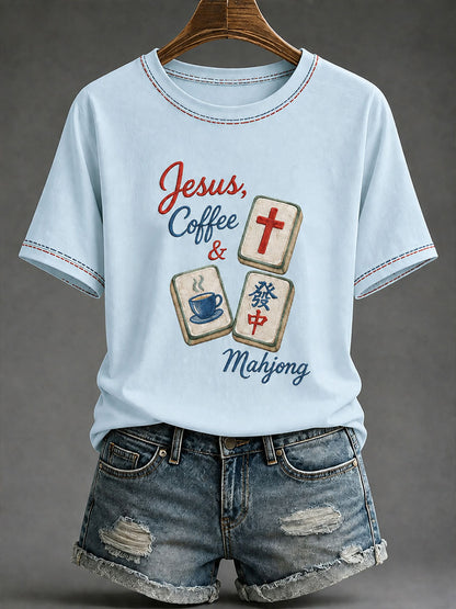 Women's Christian Mahjong Print Casual T-Shirt