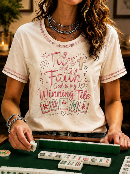 Women's Christian Mahjong Print Casual T-Shirt
