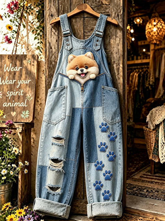 Women's Animal Dog Zipper Art Printed Strap Pants