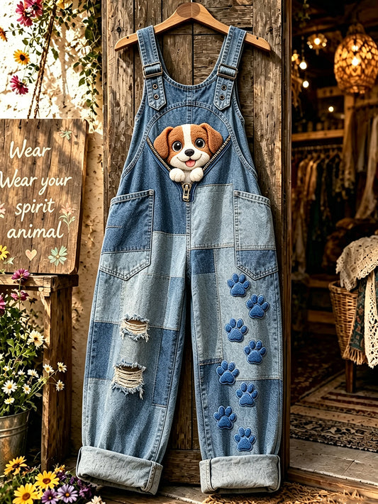 Women's Animal Dog Zipper Art Printed Strap Pants
