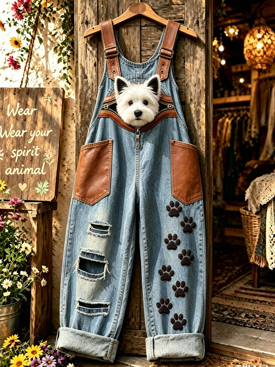 Women's Animal Dog Zipper Art Printed Strap Pants