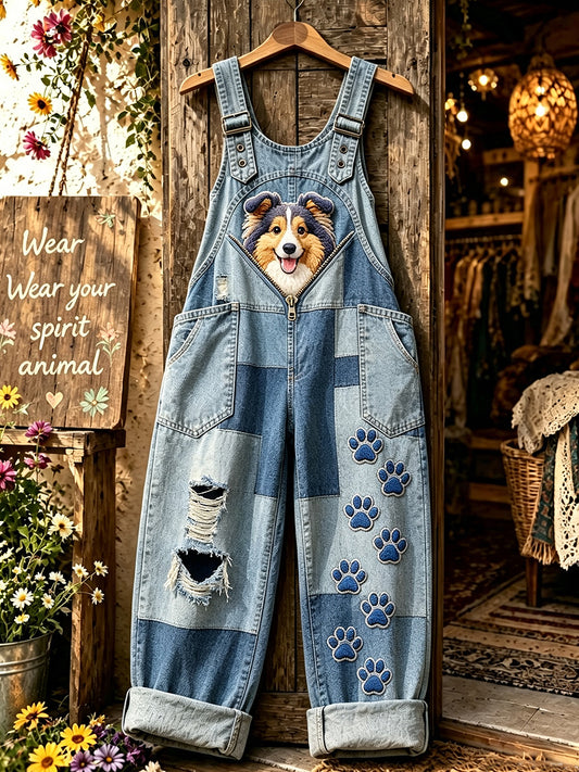 Women's Animal Dog Zipper Art Printed Strap Pants