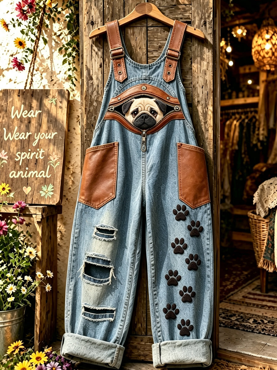 Women's Animal Dog Zipper Art Printed Strap Pants