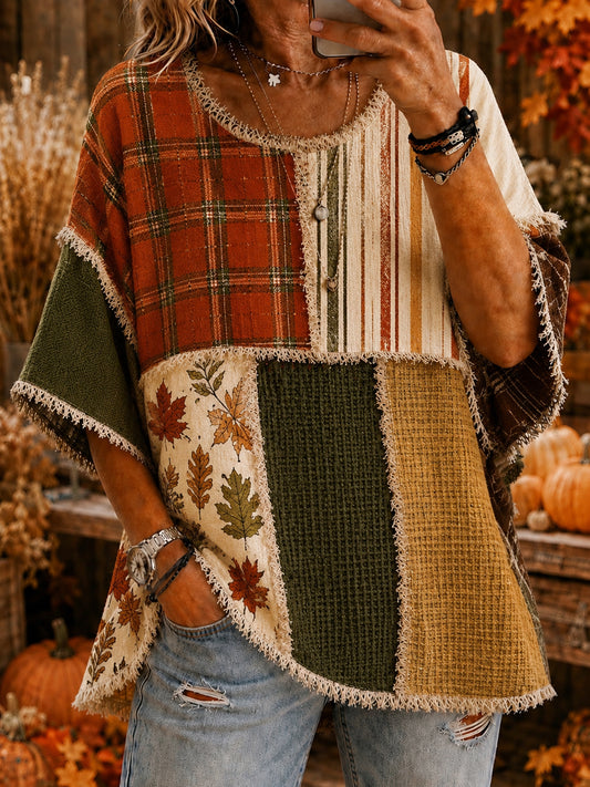 Women’s Autumn Thanksgiving Plaid Maple Leaves Printed Casual Top