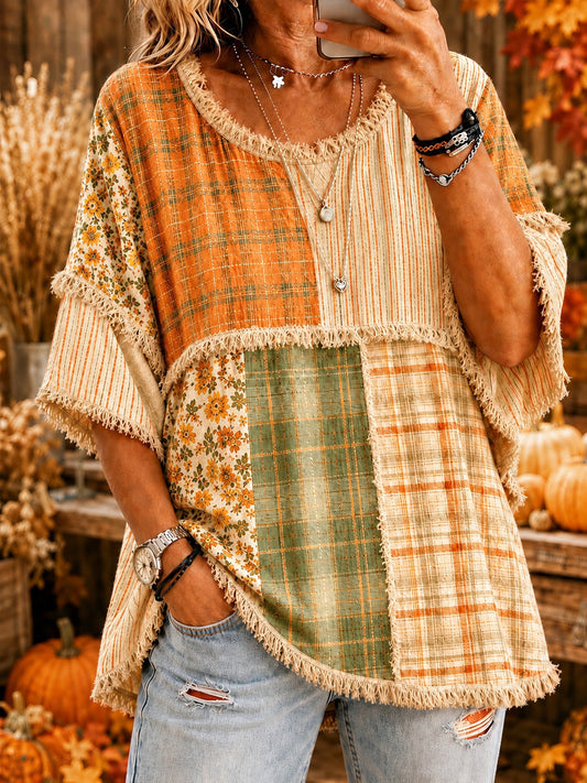 Women’s Autumn Thanksgiving Plaid Flowers Printed Casual Top