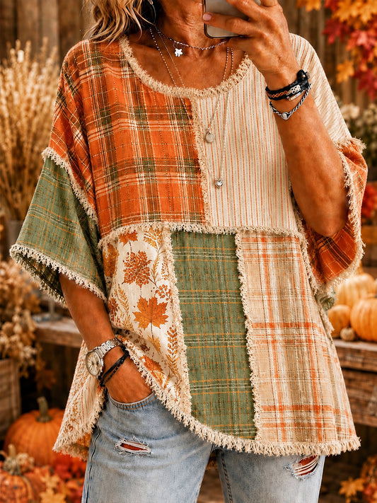 Women’s Autumn Thanksgiving Plaid Maple Leaves Printed Casual Top