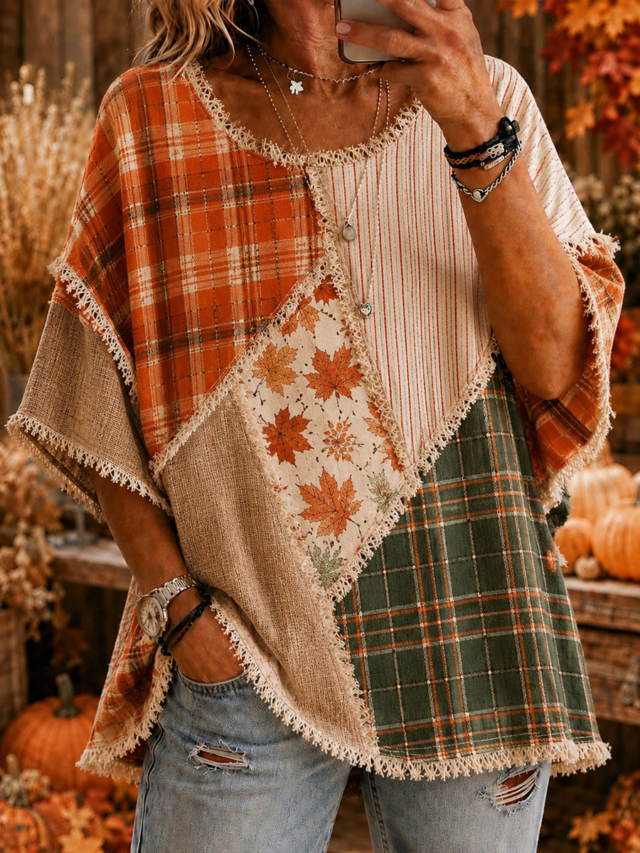 Women’s Autumn Thanksgiving Plaid Maple Leaves Printed Casual Top