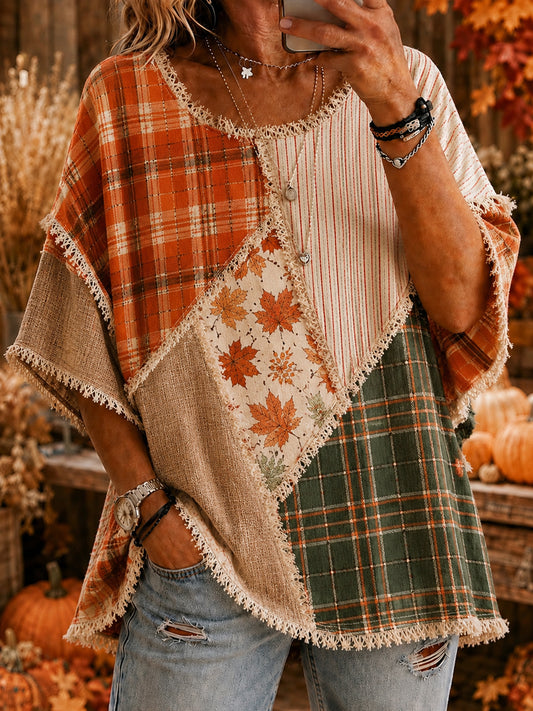 Women’s Autumn Thanksgiving Plaid Maple Leaves Printed Casual Top