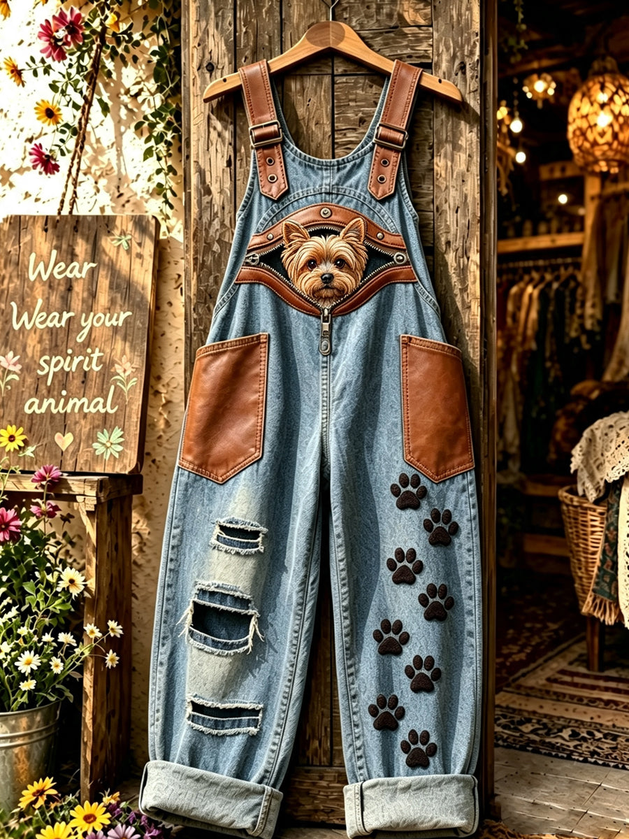 Women's Animal Dog Zipper Art Printed Strap Pants