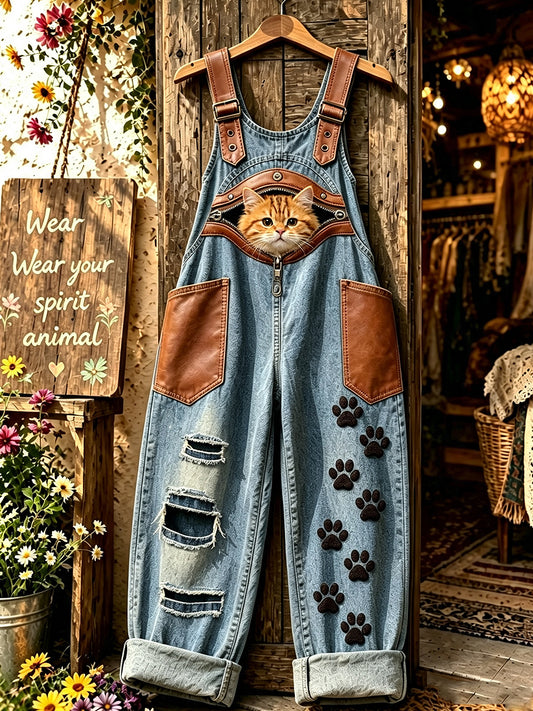 Women's Animal Cat Zipper Art Printed Strap Pants