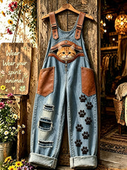 Women's Animal Cat Zipper Art Printed Strap Pants