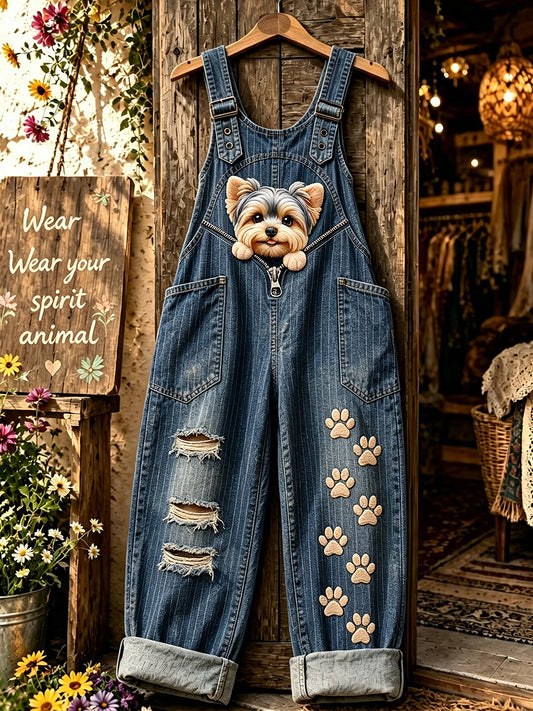 Women's Animal Dog Zipper Art Printed Strap Pants