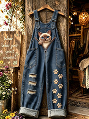 Women's Animal Cat Zipper Art Printed Strap Pants