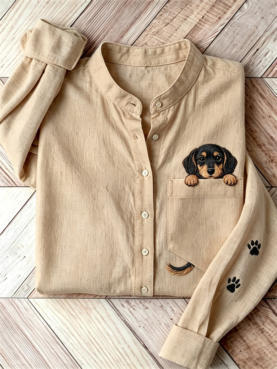 Women's Lovely Peeking Dachshund Dog from Pocket Print Shirt