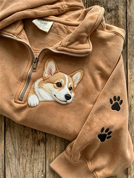 Women's Peeking Corgi Dog & Paw Prints Print Zip Up Sweatshirt