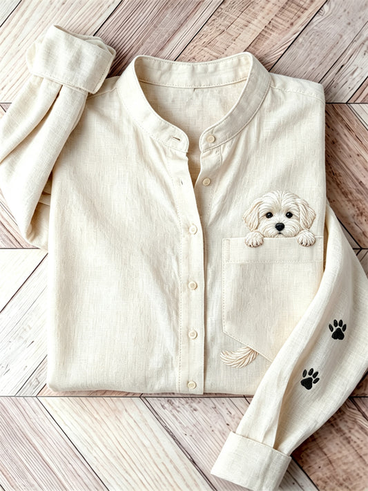 Women's Lovely Peeking Maltese Dog from Pocket Print Shirt
