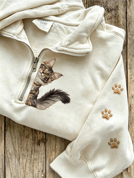 Women's cute cat pattern printed casual half zipper sweatshirt