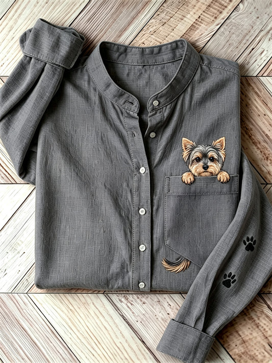 Women's Lovely Peeking Yorkshire Dog from Pocket Print Shirt