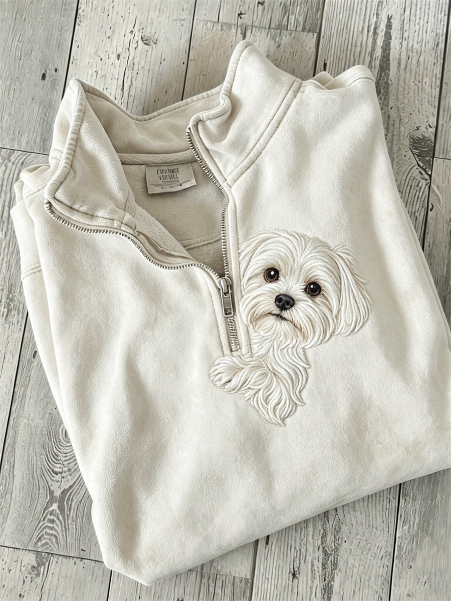 Women's Peeking Maltese Dog Print Zip Up Sweatshirt