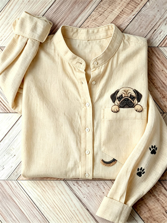 Women's Lovely Peeking Pug Dog from Pocket Print Shirt