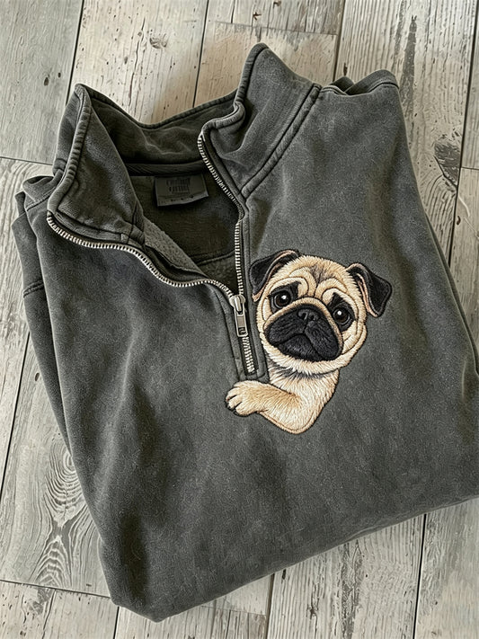 Women's Peeking Pug Dog Print Zip Up Sweatshirt