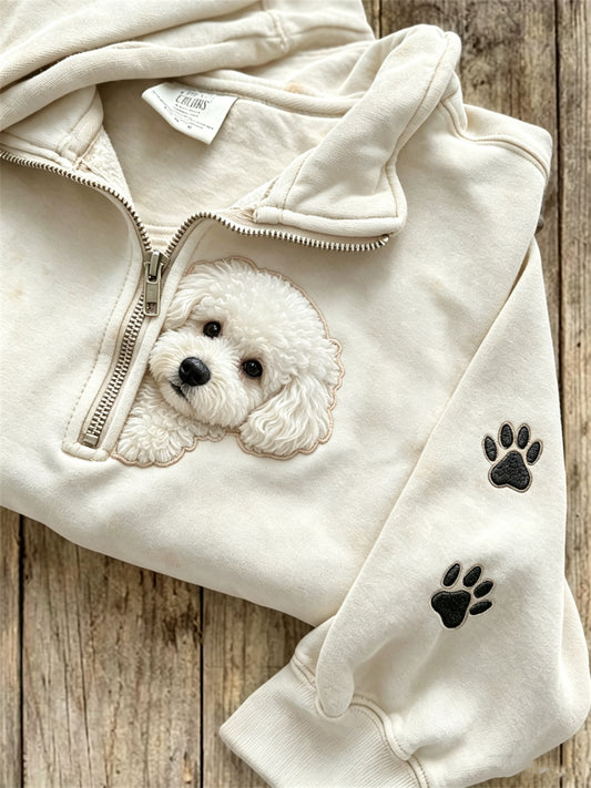 Women's Peeking Poodle Dog & Paw Prints Print Zip Up Sweatshirt