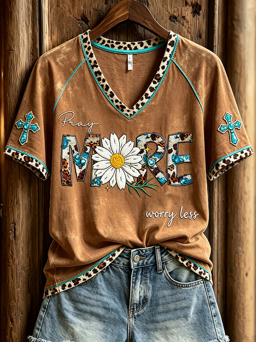 Women's Pray More Worry Less Western Faith Print V-neck Short-sleeved T-shirt