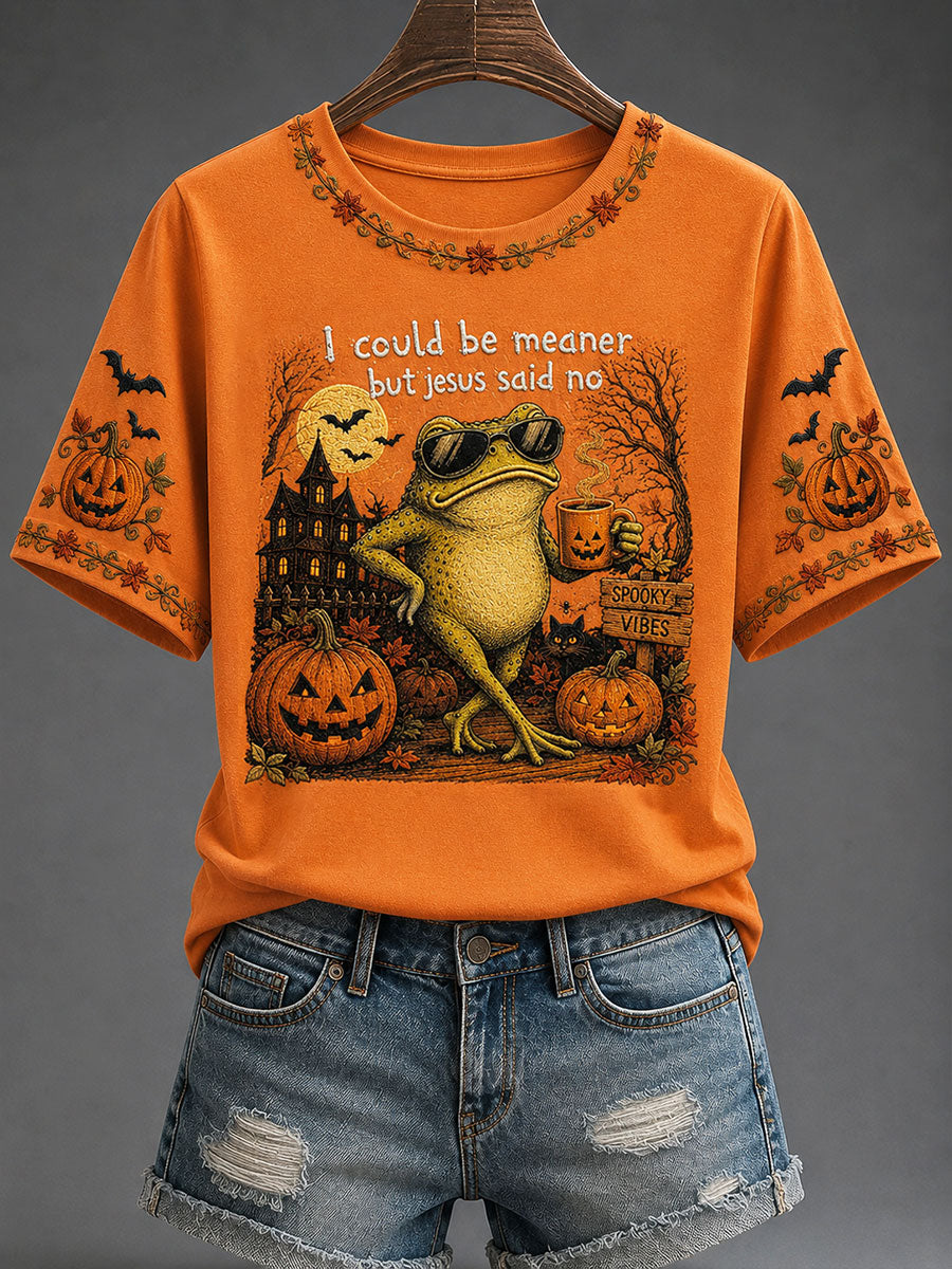 Women's 'I Could Be Meaner But Jesus Said No' Fun Faith Halloween Casual T-shirt