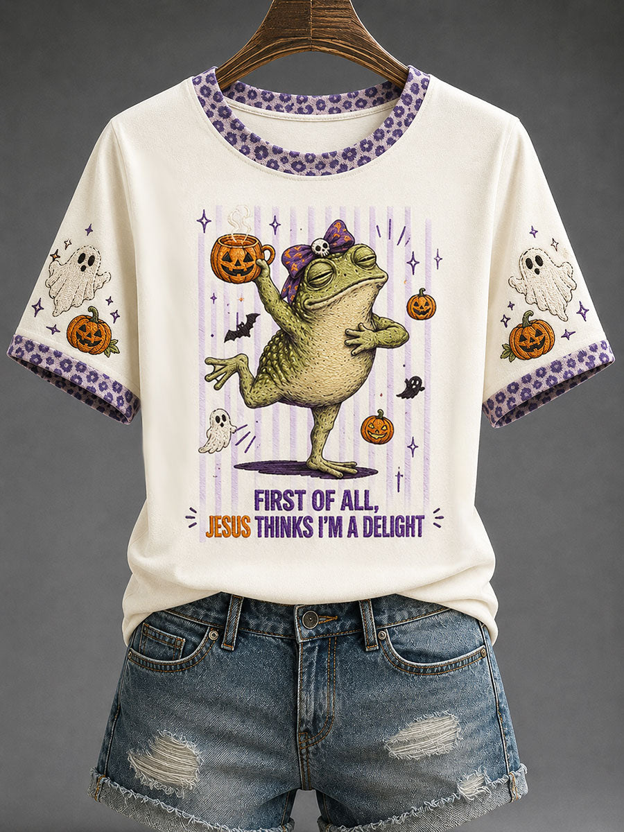 Women's ' First Of All Jesus Thinks I'm A Delight' Fun Faith Halloween Casual T-shirt
