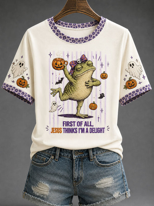 Women's ' First Of All Jesus Thinks I'm A Delight' Fun Faith Halloween Casual T-shirt
