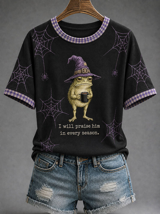 Women's 'I Will Praise Him In Every Season' Fun Faith Halloween Casual T-shirt